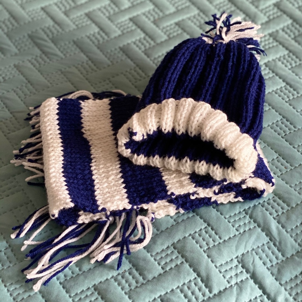 Handmade Blue and White Knitted Scarf